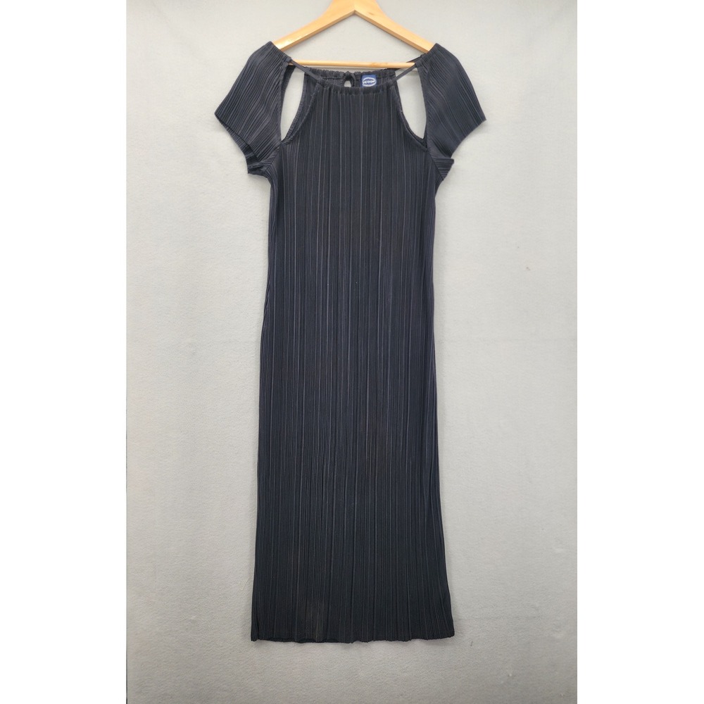 Scoop Black Plisse Midi Dress Cold Shoulder Cutout Short Sleeve Pleated Medium